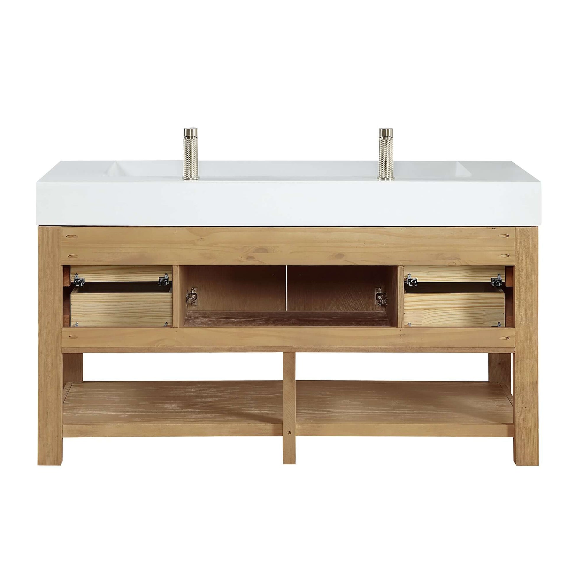 Vinnova Vera 60-inch free-standing single bathroom vanity in washed ash grey with white integrated stone sink top and mirror