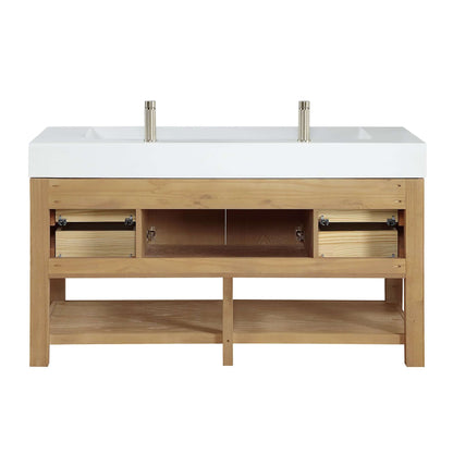 Vinnova Vera 60-inch free-standing single bathroom vanity in washed ash grey with white integrated stone sink top and mirror