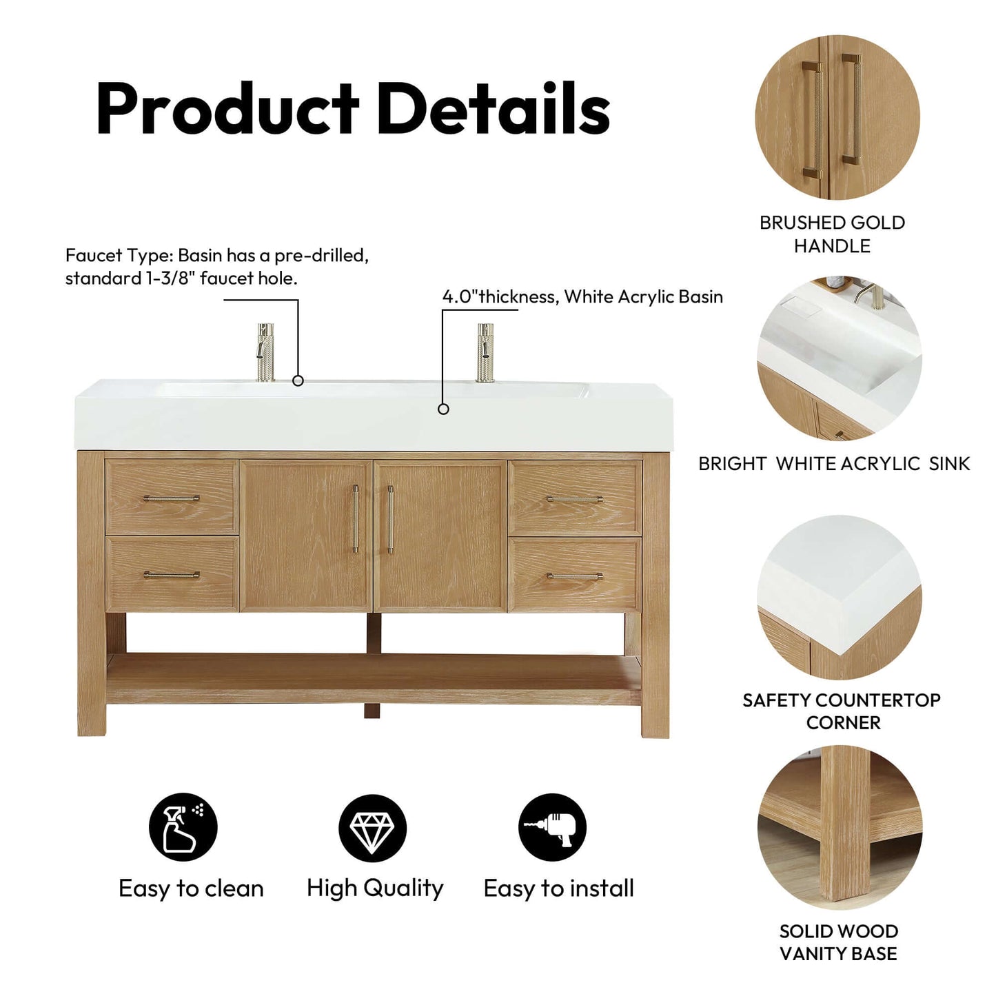 Vinnova Vera 60-inch free-standing single bathroom vanity in washed ash grey with white integrated stone sink top and mirror