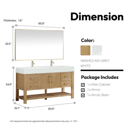 Vinnova Vera 60-inch free-standing single bathroom vanity in washed ash grey with white integrated stone sink top and mirror