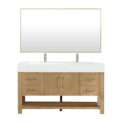 Vinnova Vera 60-inch free-standing single bathroom vanity in washed ash grey with white integrated stone sink top and mirror