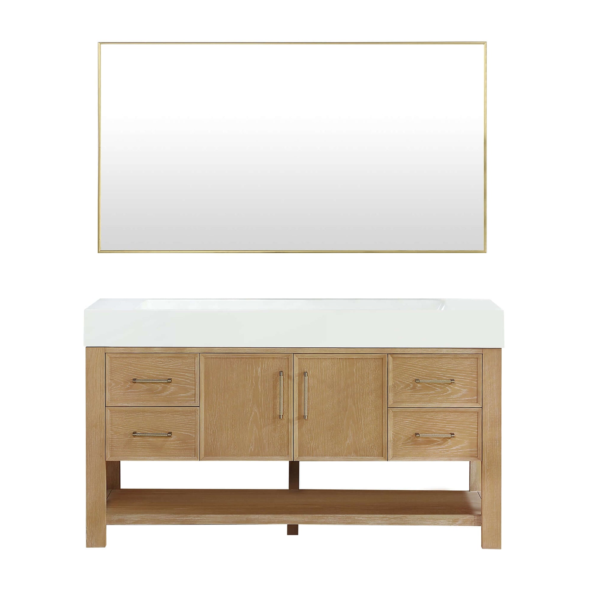 Vinnova Vera 60-inch free-standing single bathroom vanity in washed ash grey with white integrated stone sink top and mirror