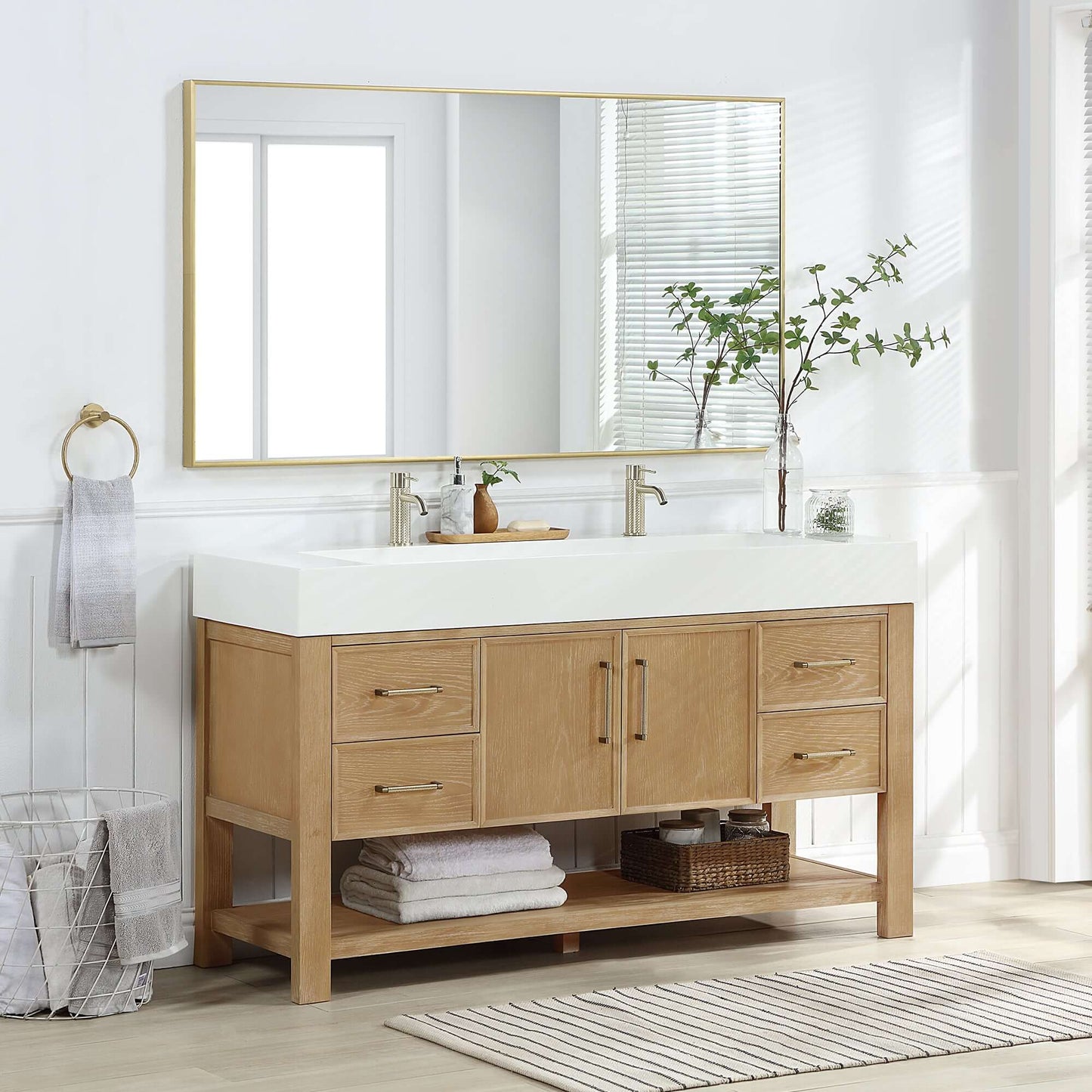 Vinnova Vera 60-inch free-standing single bathroom vanity in washed ash grey with white integrated stone sink top and mirror