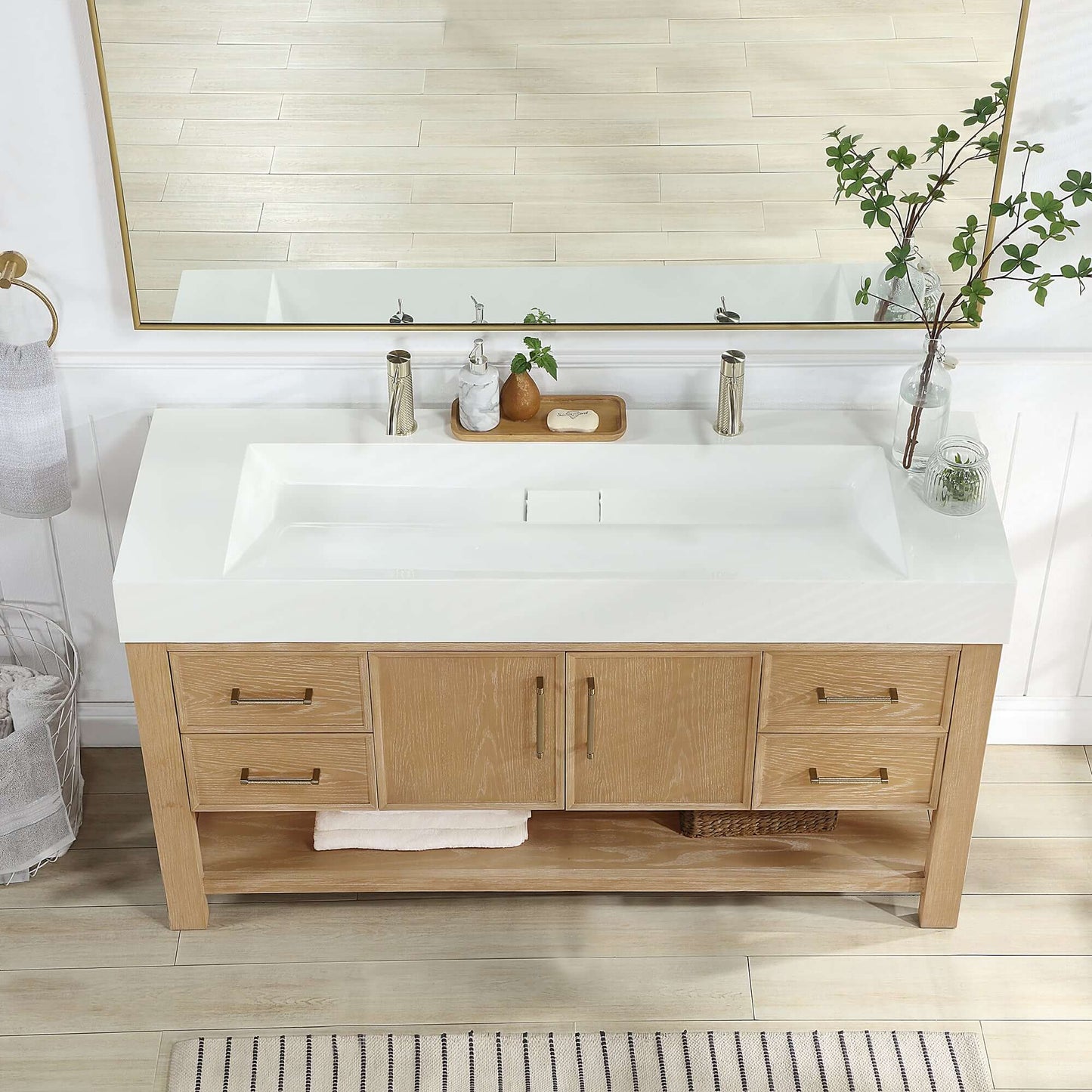 Vinnova Vera 60-inch free-standing single bathroom vanity in washed ash grey with white integrated stone sink top and mirror