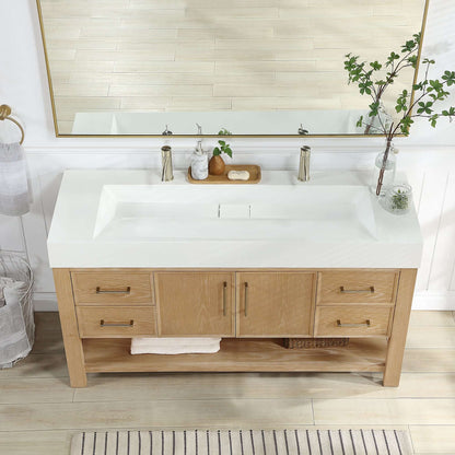 Vinnova Vera 60-inch free-standing single bathroom vanity in washed ash grey with white integrated stone sink top and mirror