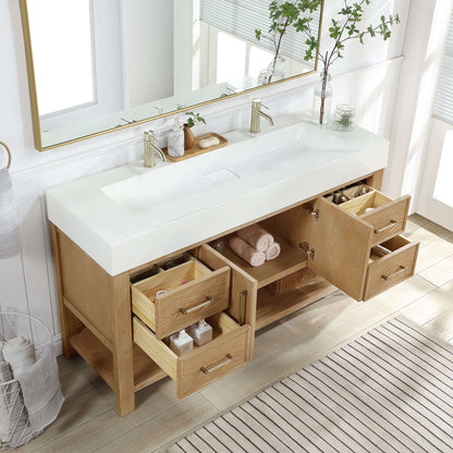 Vinnova Vera 60-inch free-standing single bathroom vanity in washed ash grey with white integrated stone sink top and mirror