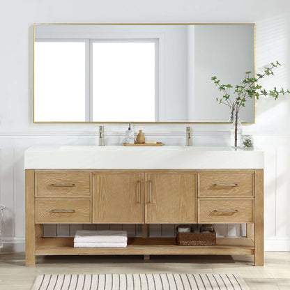 Vinnova Vera 72-inch free-standing single bathroom vanity in washed ash grey with white integrated stone sink top and mirror