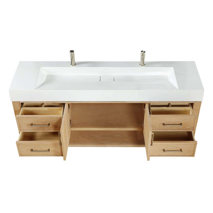 Vinnova Vera 72-inch free-standing single bathroom vanity in washed ash grey with white integrated stone sink top and mirror