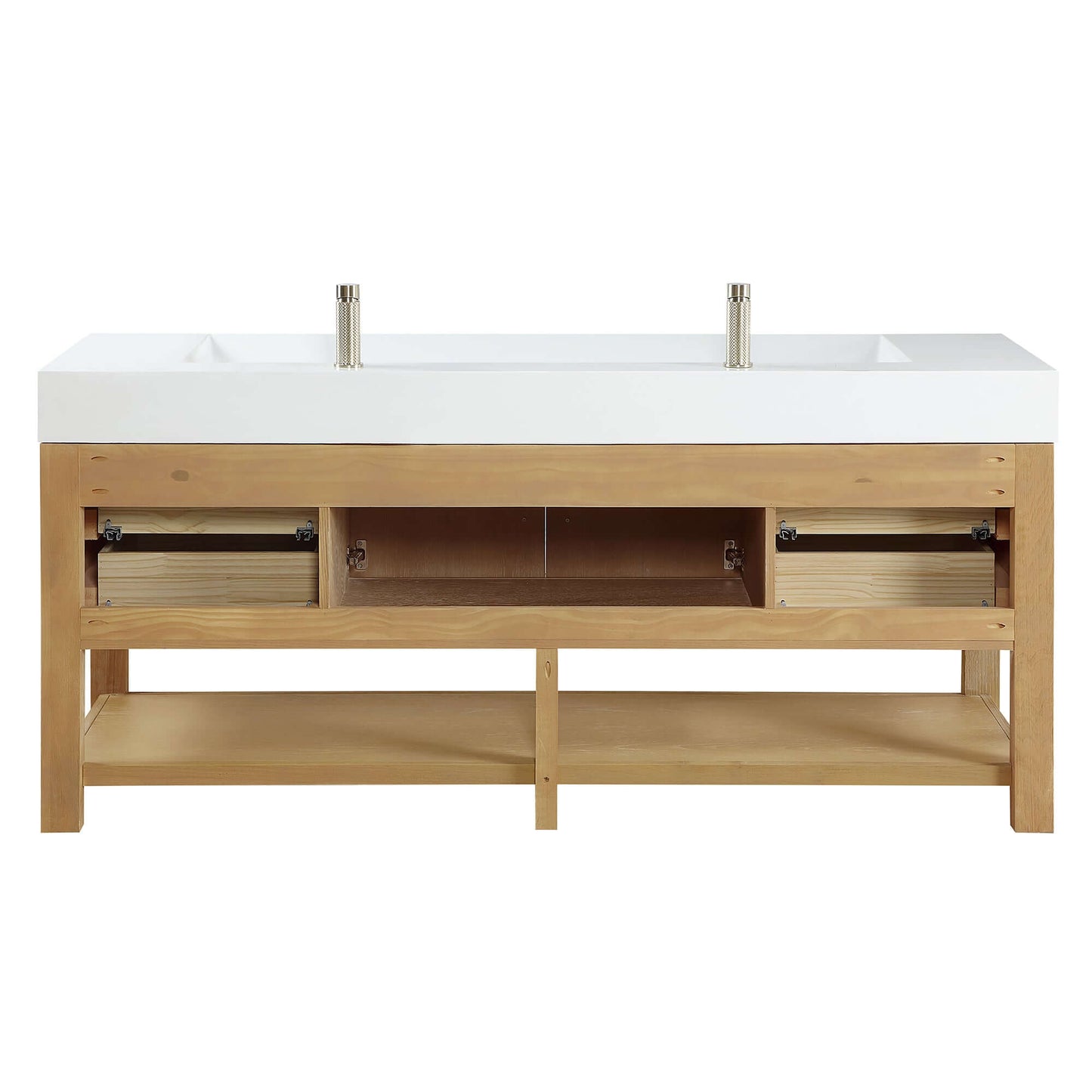 Vinnova Vera 72-inch free-standing single bathroom vanity in washed ash grey with white integrated stone sink top and mirror