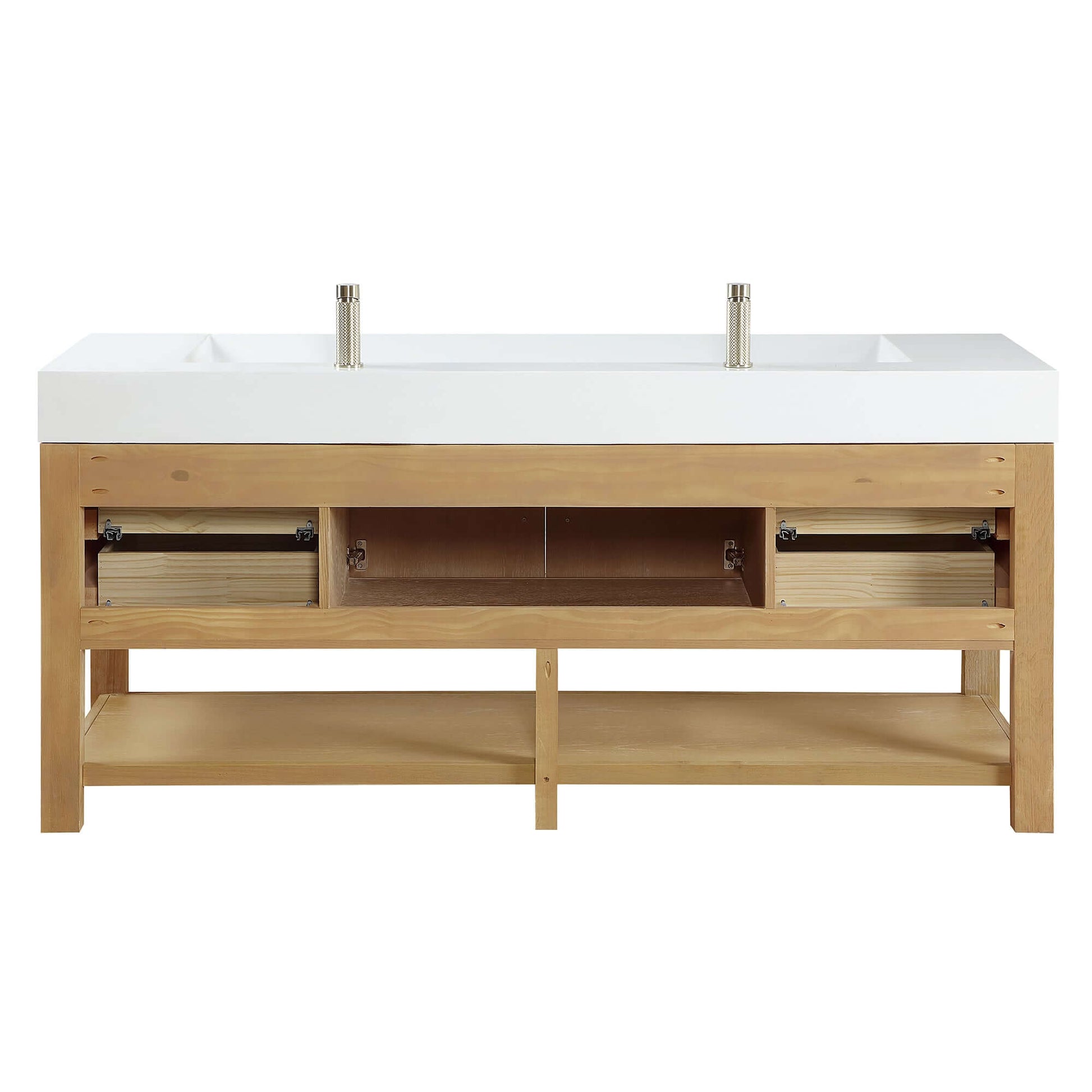Vinnova Vera 72-inch free-standing single bathroom vanity in washed ash grey with white integrated stone sink top and mirror