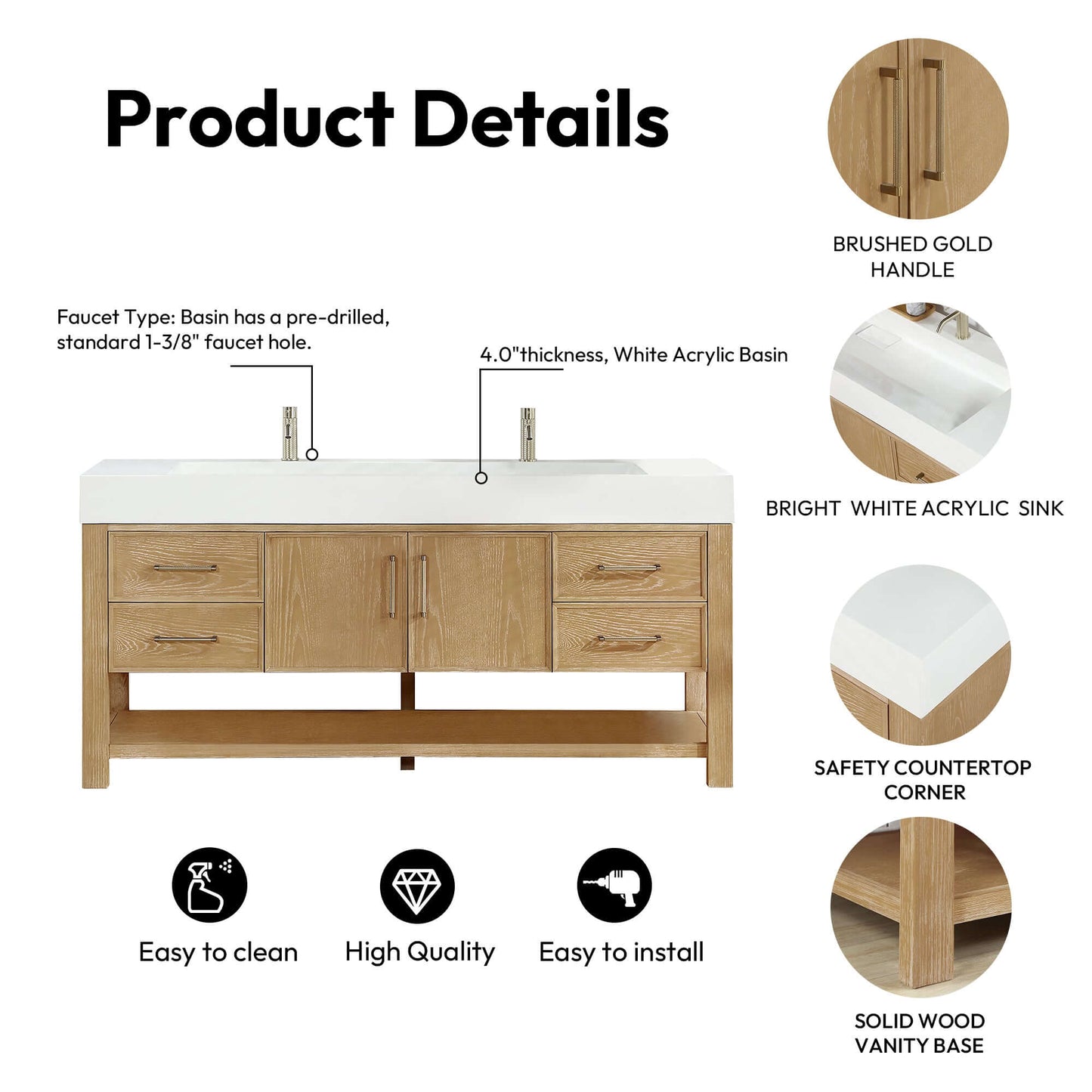 Vinnova Vera 72-inch free-standing single bathroom vanity in washed ash grey with white integrated stone sink top and mirror