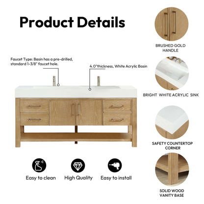 Vinnova Vera 72-inch free-standing single bathroom vanity in washed ash grey with white integrated stone sink top and mirror