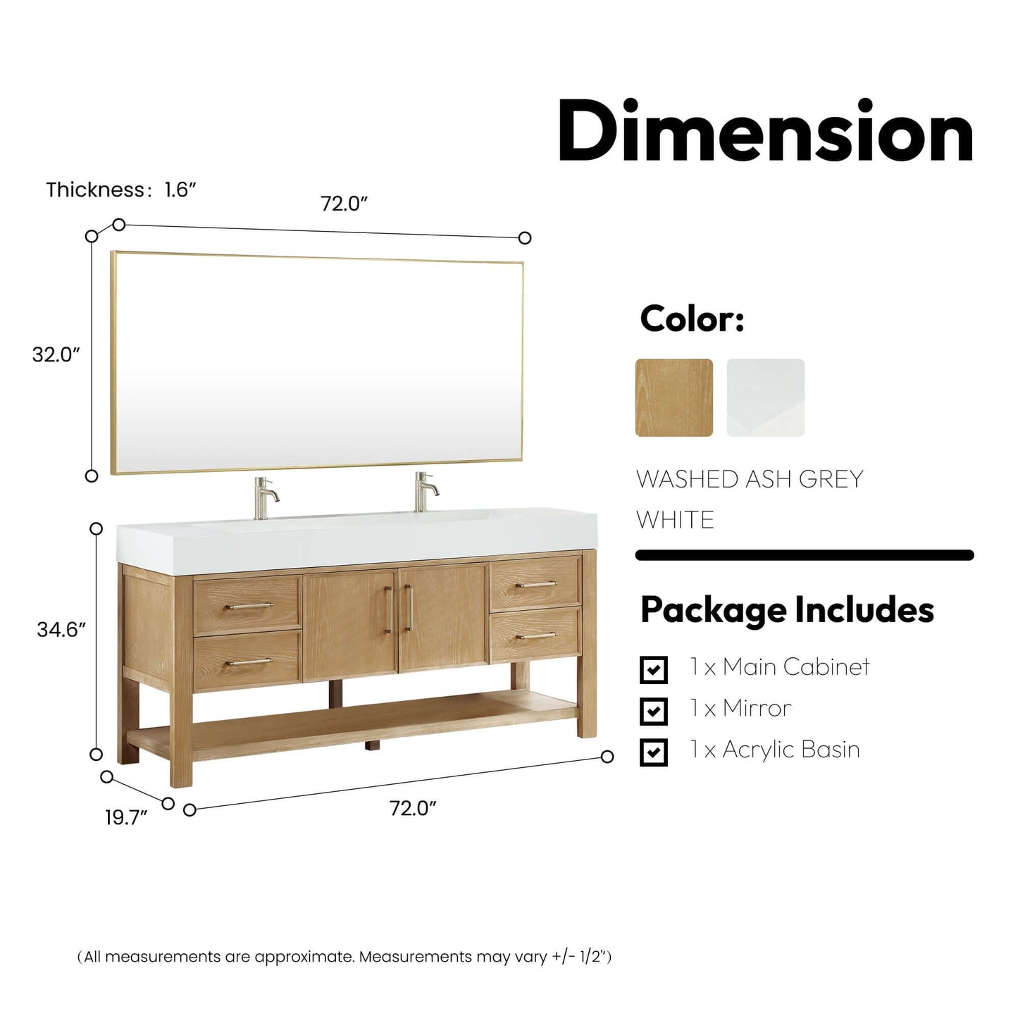 Vinnova Vera 72-inch free-standing single bathroom vanity in washed ash grey with white integrated stone sink top and mirror