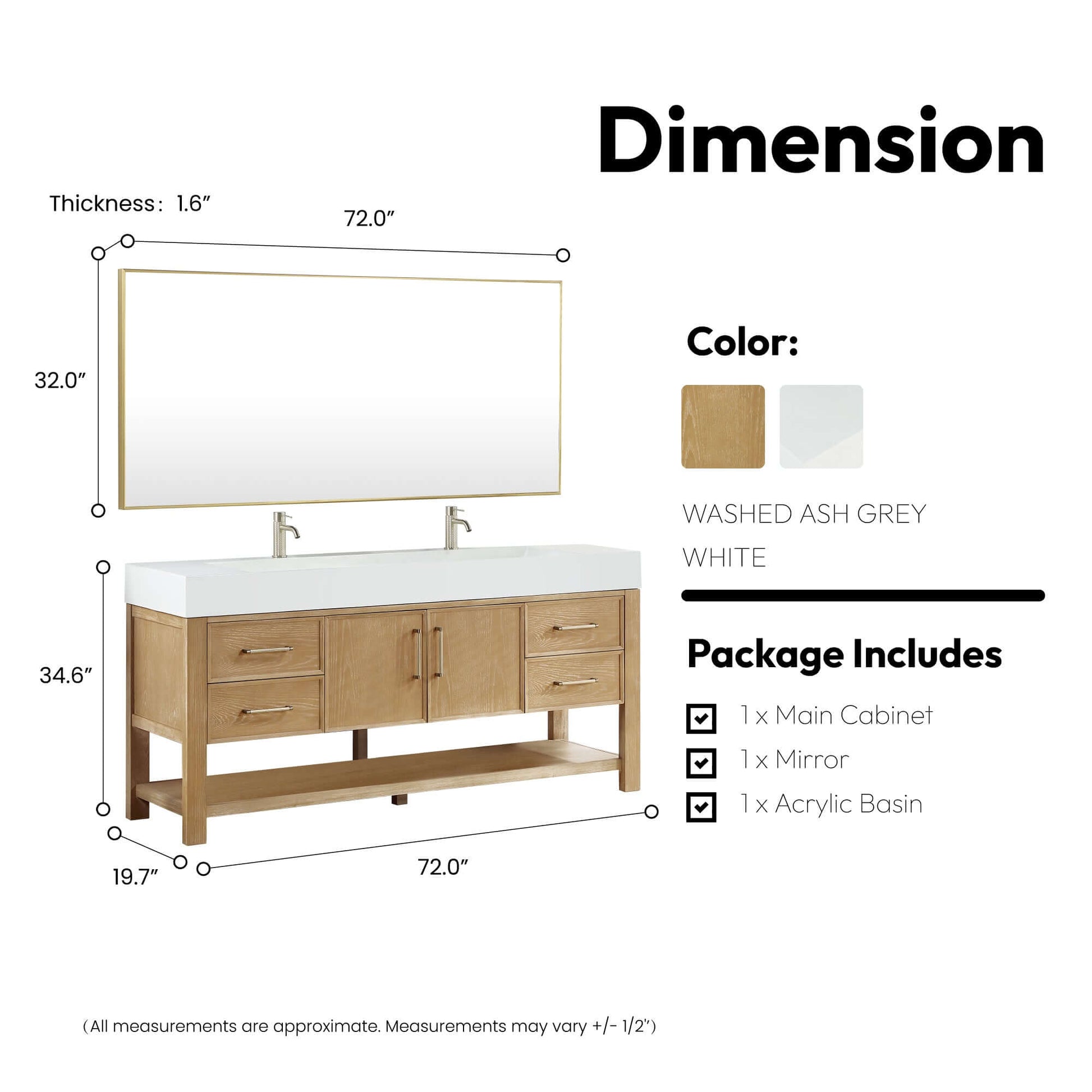 Vinnova Vera 72-inch free-standing single bathroom vanity in washed ash grey with white integrated stone sink top and mirror