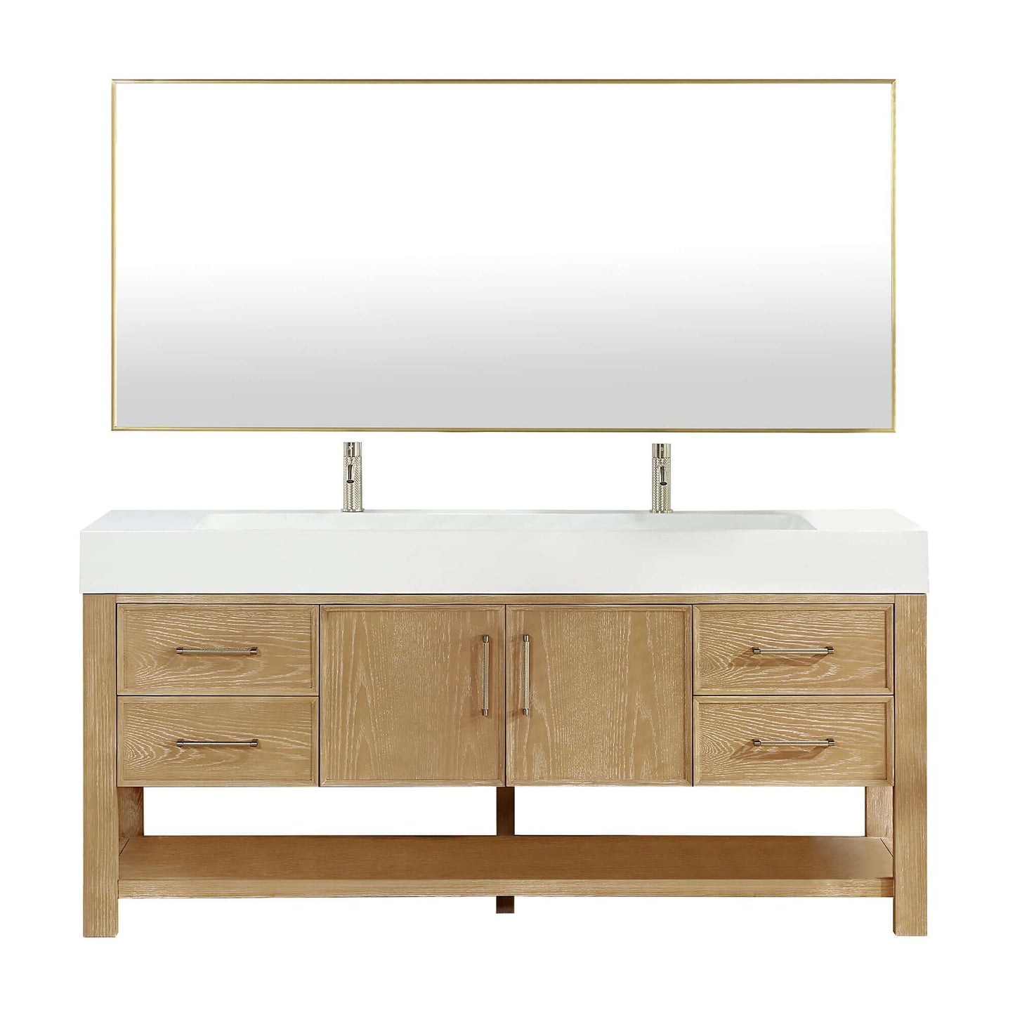 Vinnova Vera 72-inch free-standing single bathroom vanity in washed ash grey with white integrated stone sink top and mirror