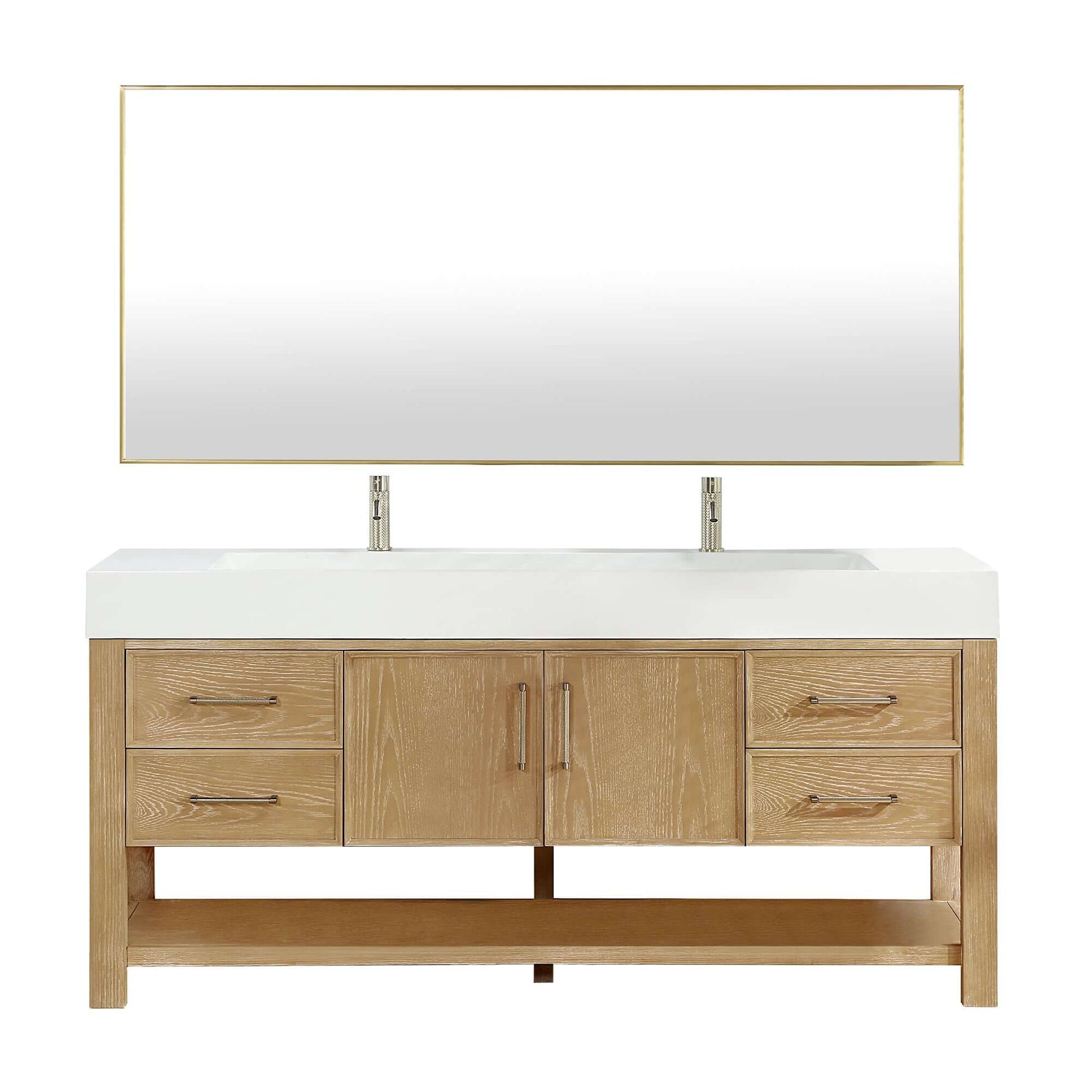 Vinnova Vera 72-inch free-standing single bathroom vanity in washed ash grey with white integrated stone sink top and mirror