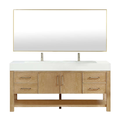 Vinnova Vera 72-inch free-standing single bathroom vanity in washed ash grey with white integrated stone sink top and mirror