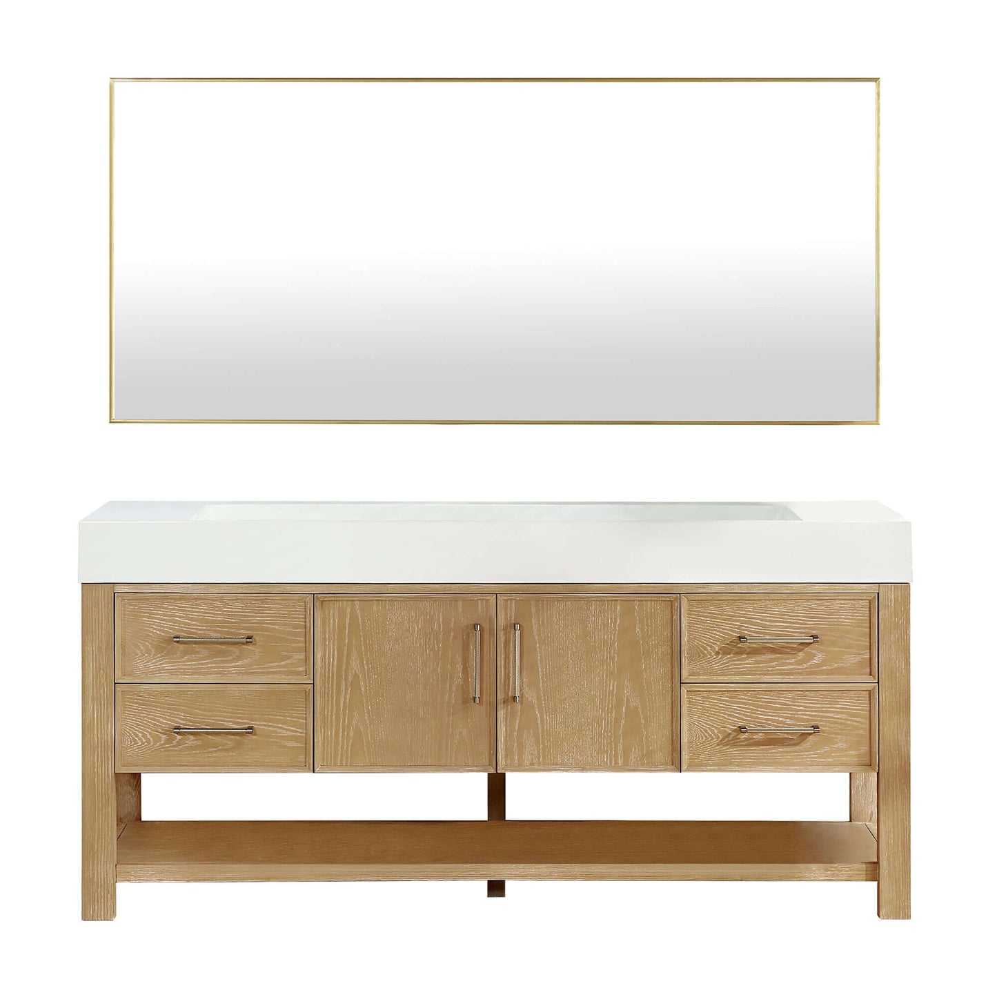 Vinnova Vera 72-inch free-standing single bathroom vanity in washed ash grey with white integrated stone sink top and mirror