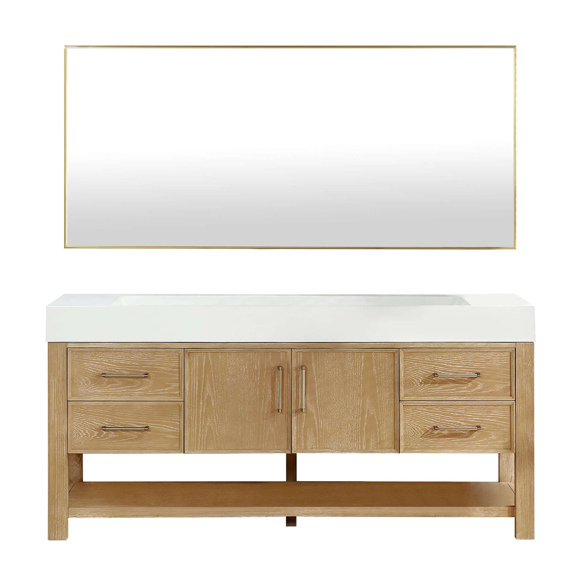 Vinnova Vera 72-inch free-standing single bathroom vanity in washed ash grey with white integrated stone sink top and mirror