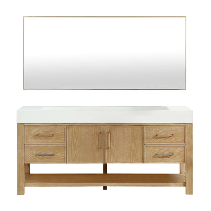 Vinnova Vera 72-inch free-standing single bathroom vanity in washed ash grey with white integrated stone sink top and mirror