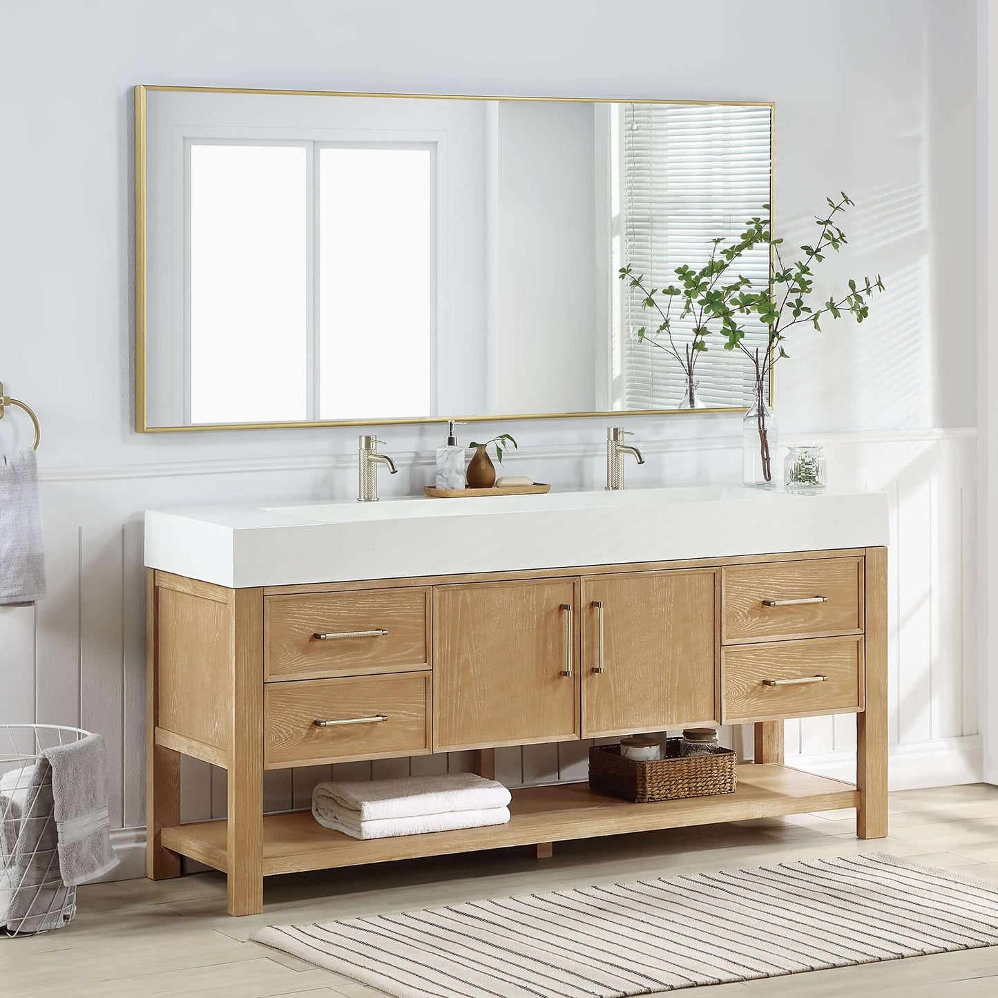 Vinnova Vera 72-inch free-standing single bathroom vanity in washed ash grey with white integrated stone sink top and mirror