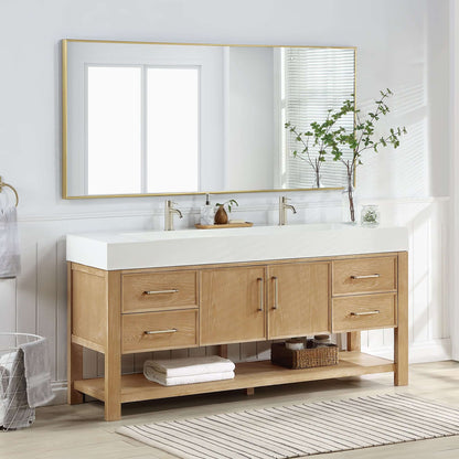 Vinnova Vera 72-inch free-standing single bathroom vanity in washed ash grey with white integrated stone sink top and mirror