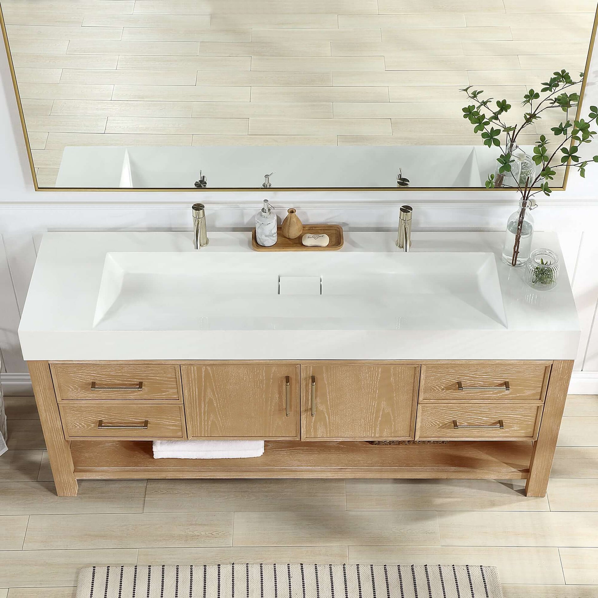 Vinnova Vera 72-inch free-standing single bathroom vanity in washed ash grey with white integrated stone sink top and mirror