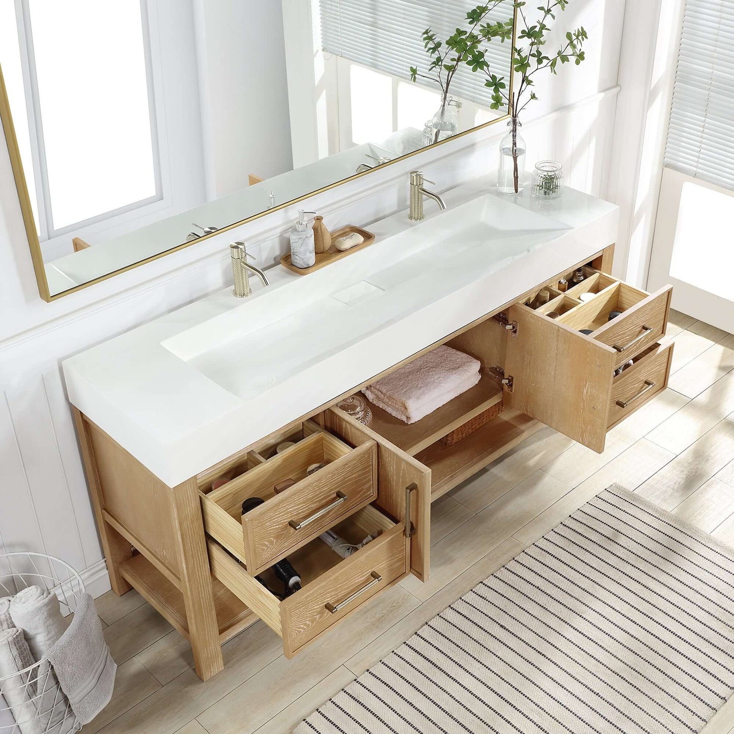 Vinnova Vera 72-inch free-standing single bathroom vanity in washed ash grey with white integrated stone sink top and mirror