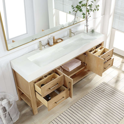 Vinnova Vera 72-inch free-standing single bathroom vanity in washed ash grey with white integrated stone sink top and mirror