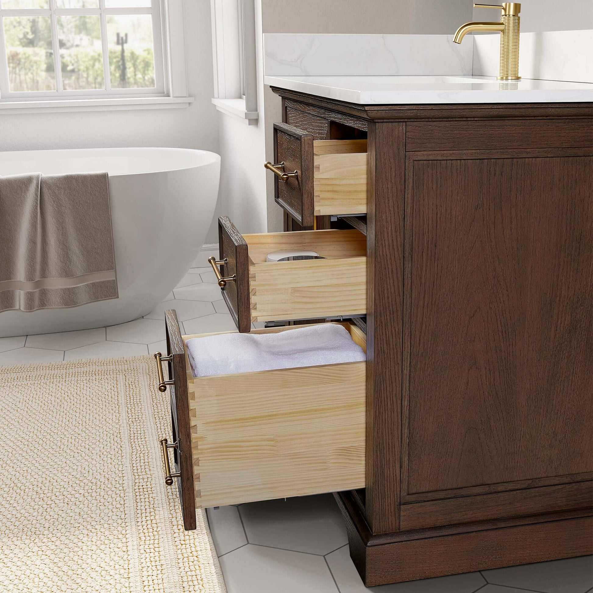 Vinnova, Tokyo 36" Freestanding Single Bath Vanity in Aged Dark Brown Oak with Silk White Quartz Stone Top, bathroom vanity with open drawers