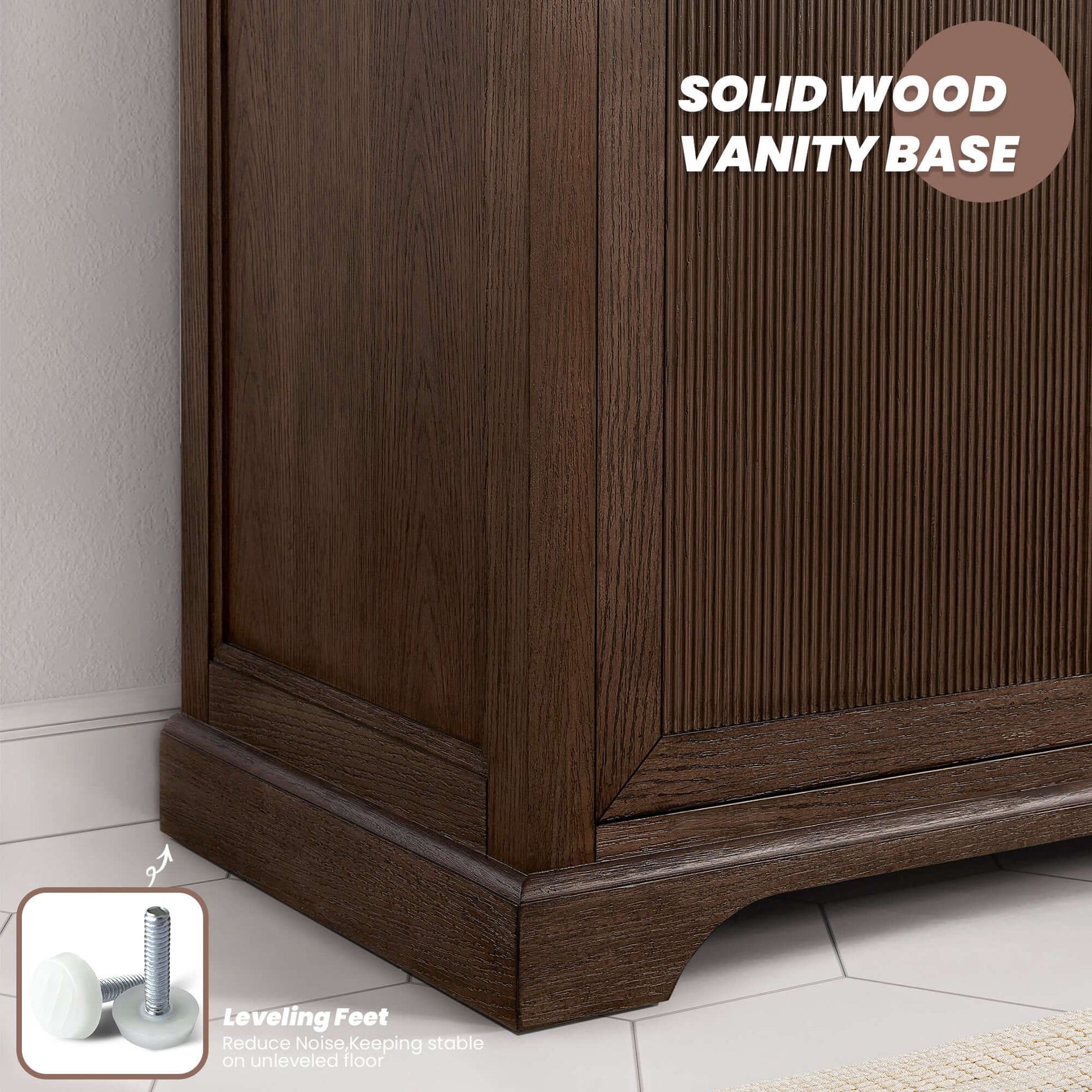 Vinnova, Tokyo 36" Freestanding Single Bath Vanity in Aged Dark Brown Oak featuring a solid wood vanity base and leveling feet.