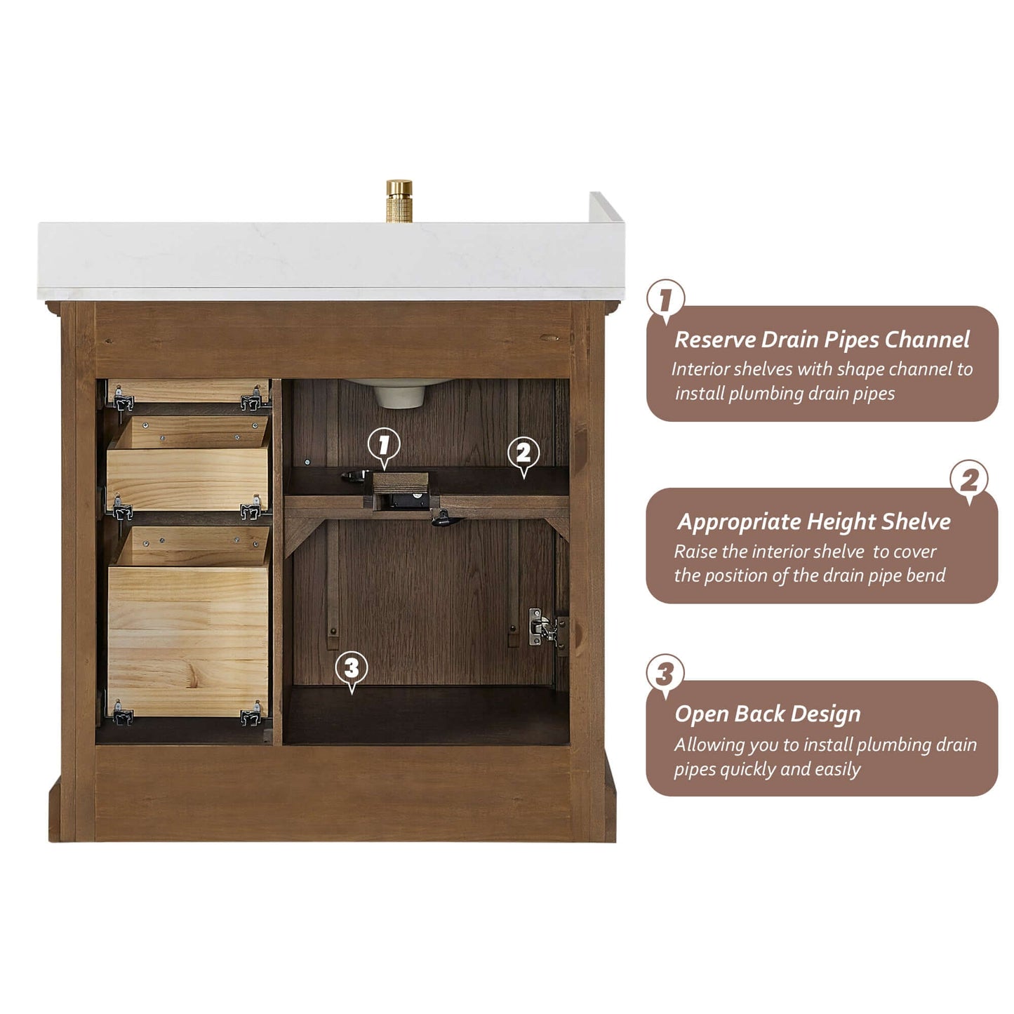 Vinnova, Tokyo 36" Freestanding Single Bath Vanity in Aged Dark Brown Oak with Silk White Quartz Stone Top internal features