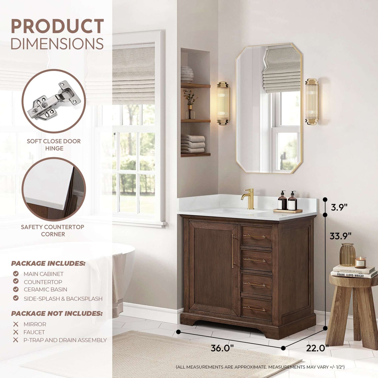 Vinnova, Tokyo 36" Freestanding Single Bath Vanity in Aged Dark Brown Oak with Silk White Quartz Stone Top in a bathroom setting