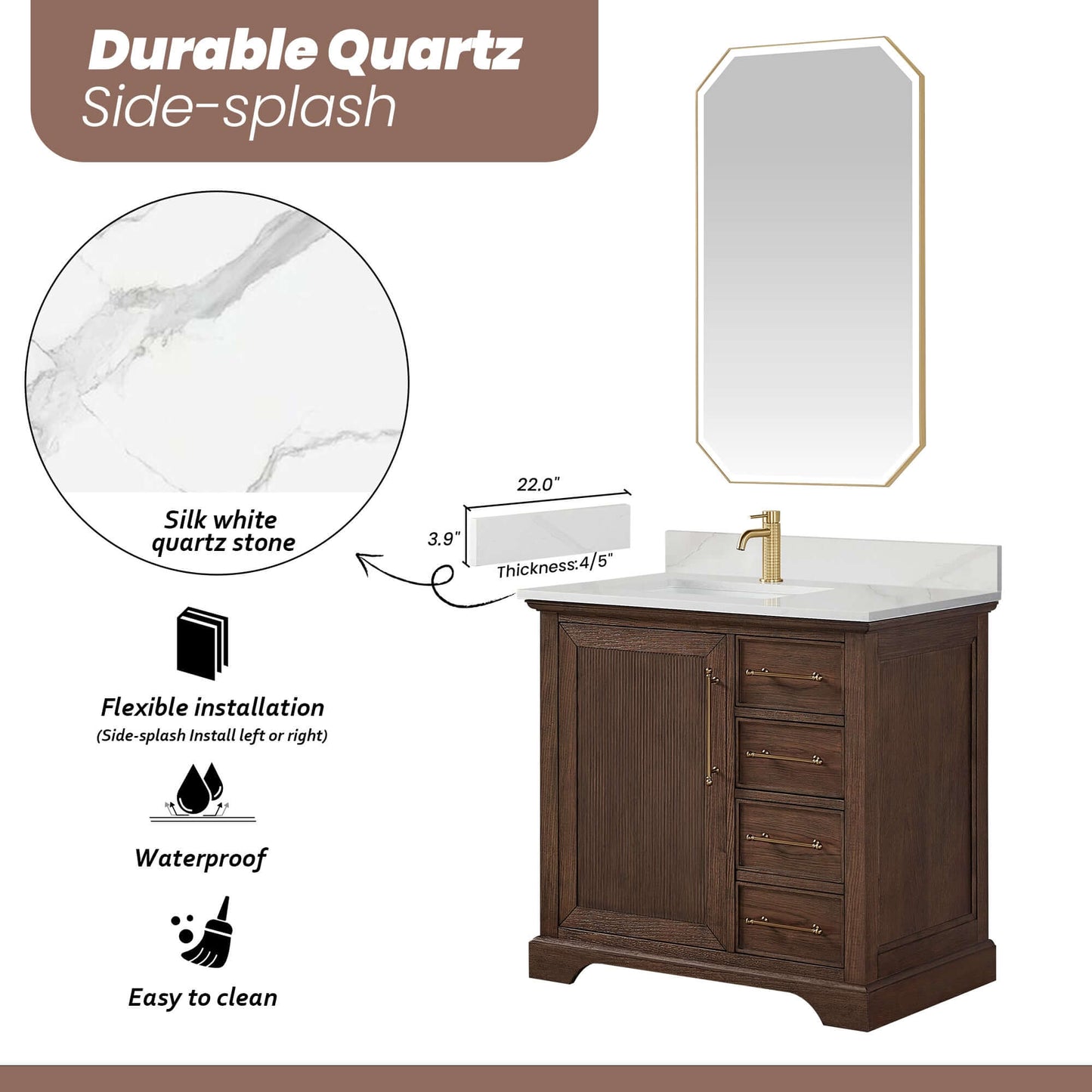 Vinnova, Tokyo 36" Freestanding Single Bath Vanity in Aged Dark Brown Oak with Silk White Quartz Stone Top, bathroom vanity.