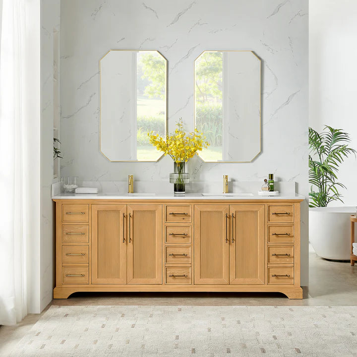 Vinnova, Tokyo 84" Freestanding Double Bath Vanity in Natural Brown with Silk White Quartz Stone Top