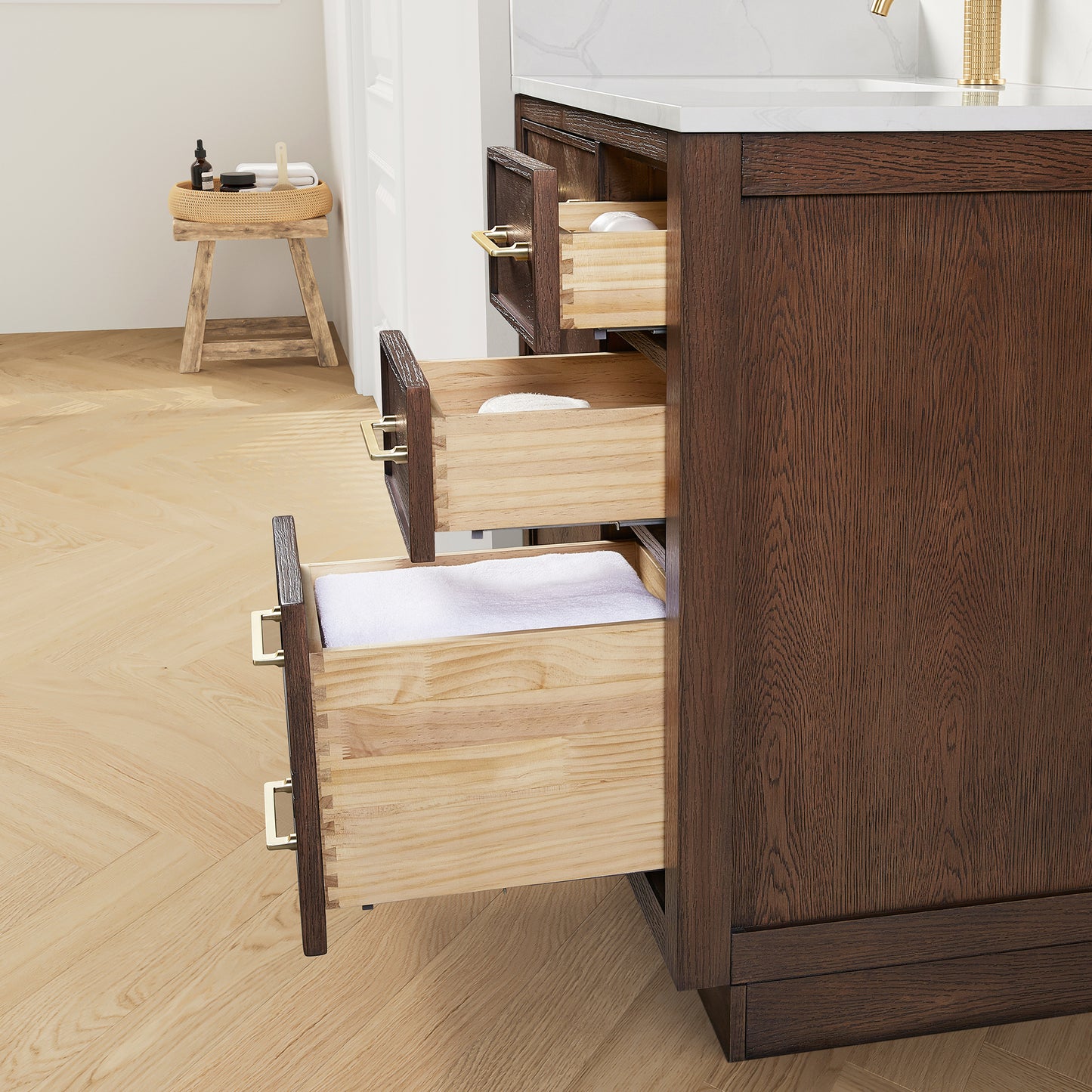 Vinnova, Jakarta 48" Freestanding Single Bath Vanity in Aged Dark Brown Oak with Silk White Quartz Stone Top