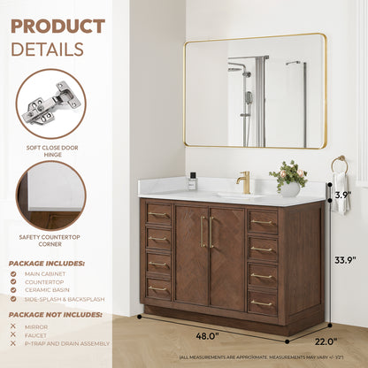 Vinnova, Jakarta 48" Freestanding Single Bath Vanity in Aged Dark Brown Oak with Silk White Quartz Stone Top