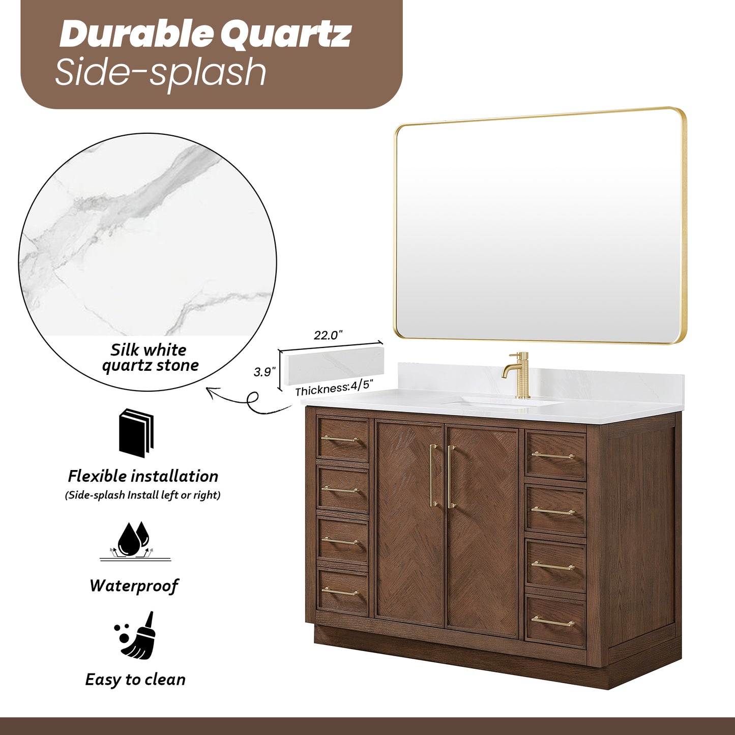 Vinnova, Jakarta 48" Freestanding Single Bath Vanity in Aged Dark Brown Oak with Silk White Quartz Stone Top