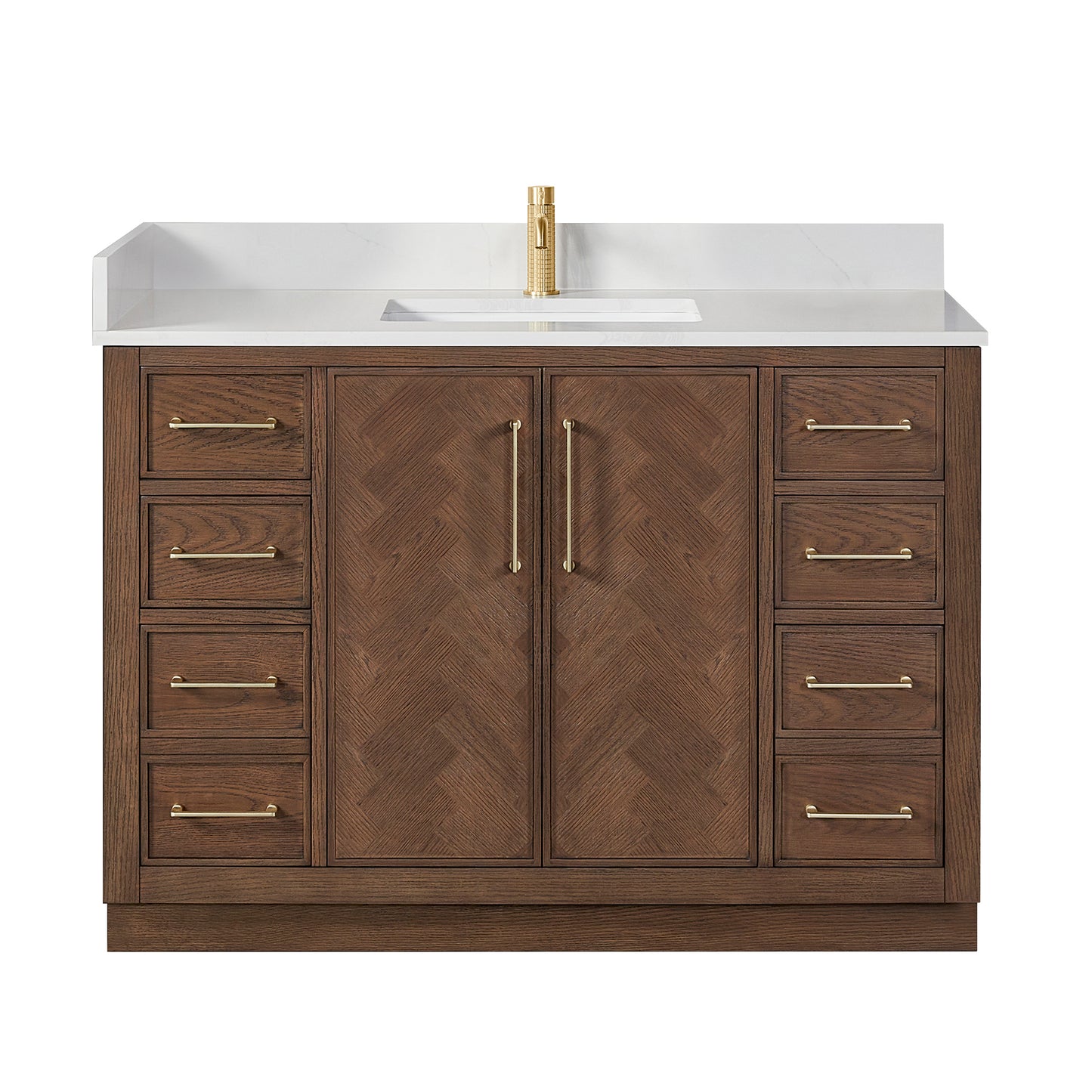 Vinnova, Jakarta 48" Freestanding Single Bath Vanity in Aged Dark Brown Oak with Silk White Quartz Stone Top