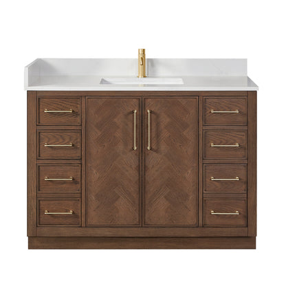 Vinnova, Jakarta 48" Freestanding Single Bath Vanity in Aged Dark Brown Oak with Silk White Quartz Stone Top