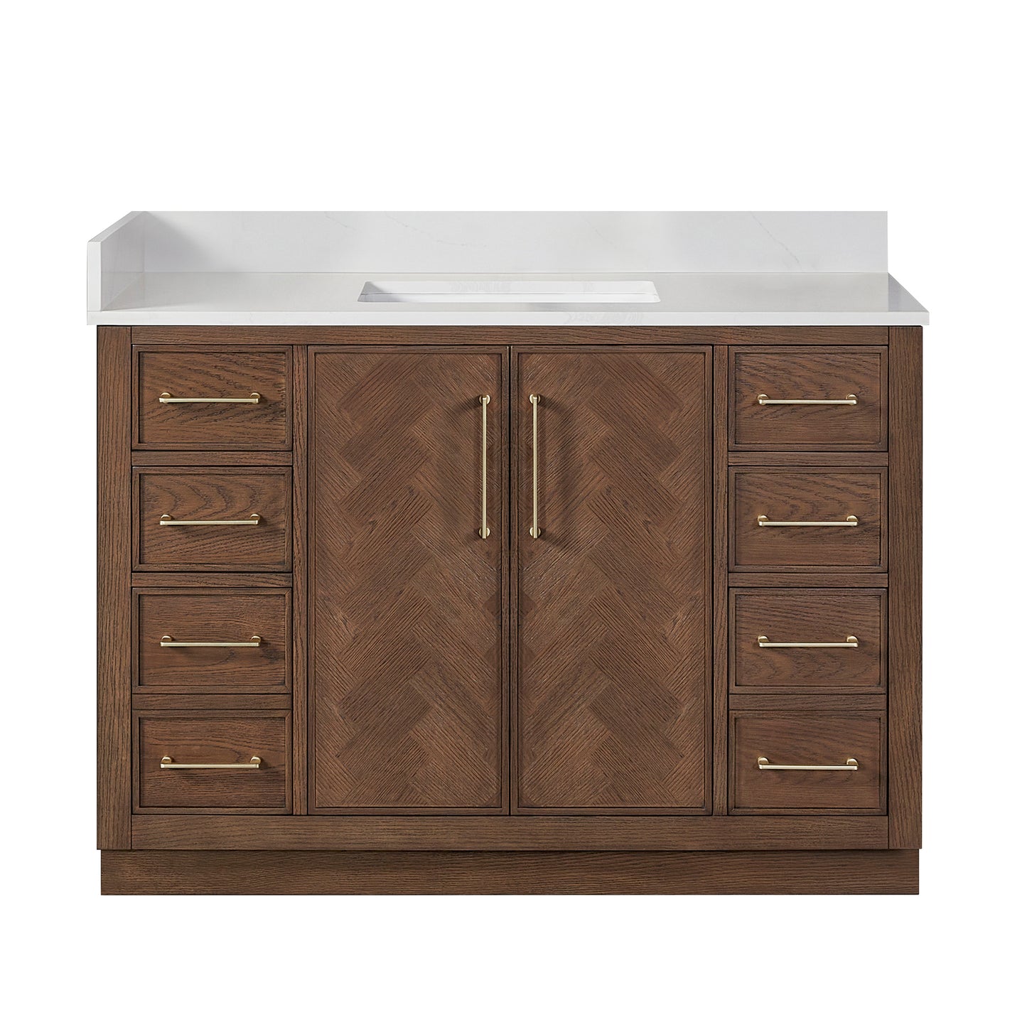 Vinnova, Jakarta 48" Freestanding Single Bath Vanity in Aged Dark Brown Oak with Silk White Quartz Stone Top
