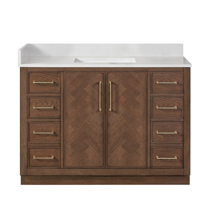 Vinnova, Jakarta 48" Freestanding Single Bath Vanity in Aged Dark Brown Oak with Silk White Quartz Stone Top