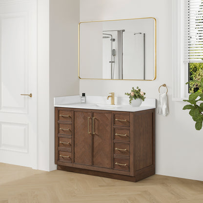 Vinnova, Jakarta 48" Freestanding Single Bath Vanity in Aged Dark Brown Oak with Silk White Quartz Stone Top
