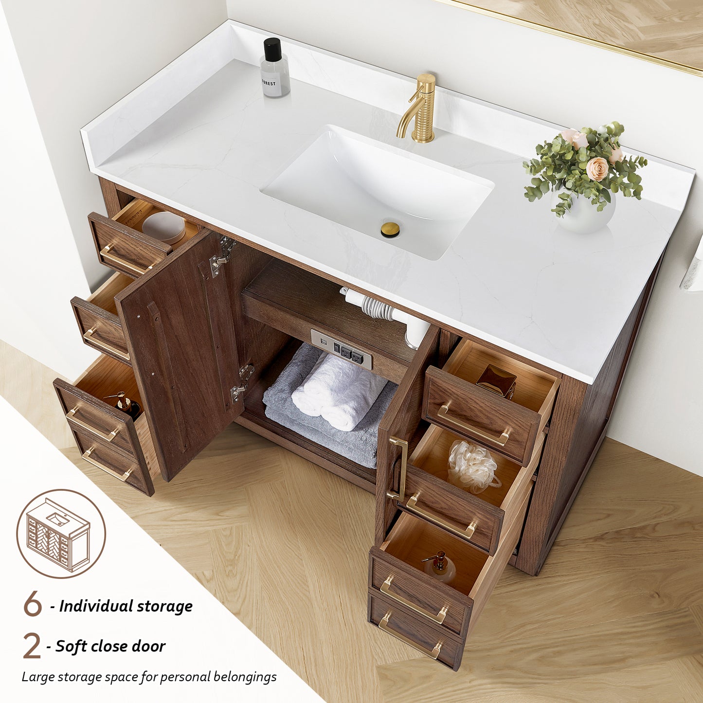 Vinnova, Jakarta 48" Freestanding Single Bath Vanity in Aged Dark Brown Oak with Silk White Quartz Stone Top