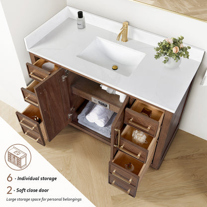 Vinnova, Jakarta 48" Freestanding Single Bath Vanity in Aged Dark Brown Oak with Silk White Quartz Stone Top