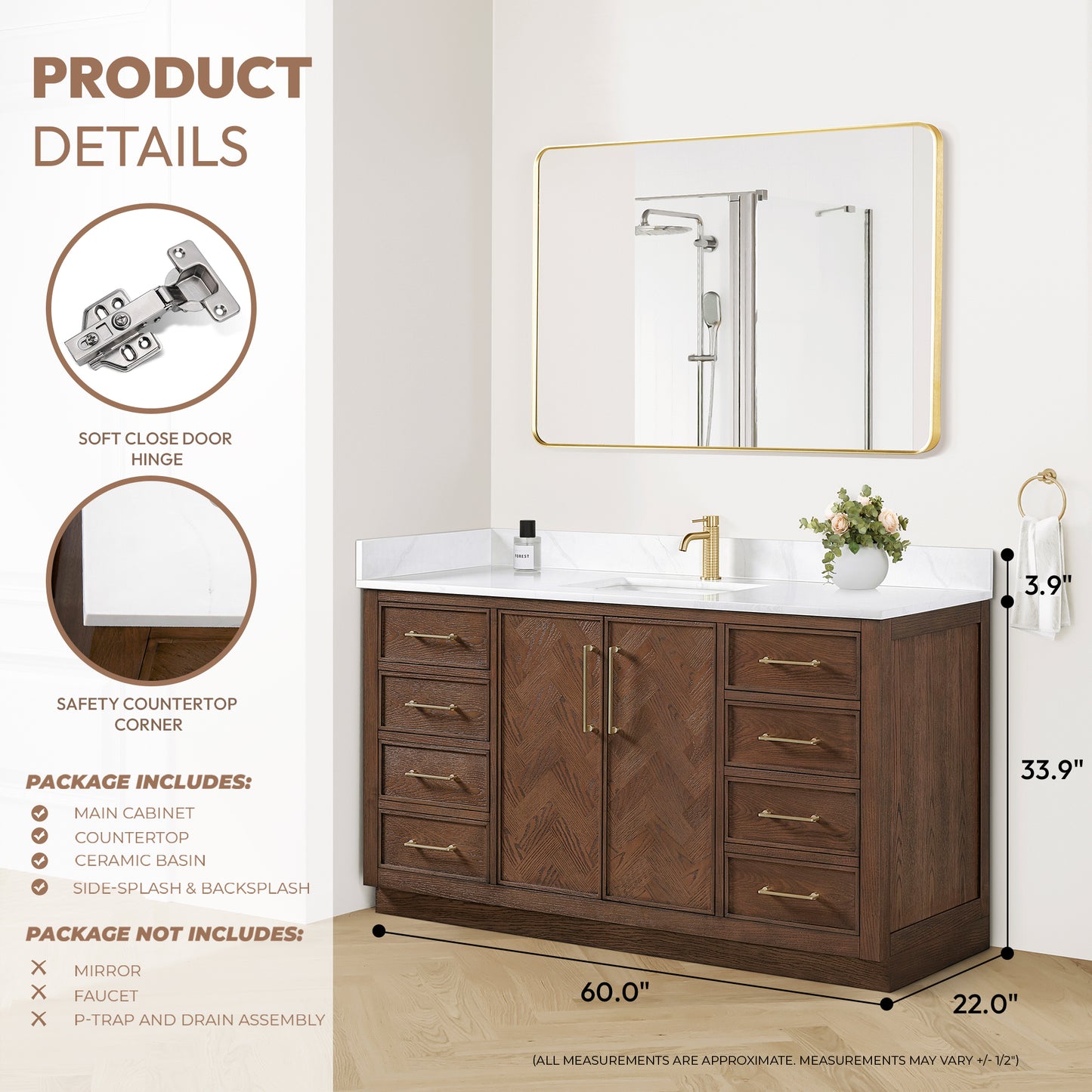 Vinnova, Jakarta 60" Freestanding Single Bath Vanity in Aged Dark Brown Oak with Silk White Quartz Stone Top