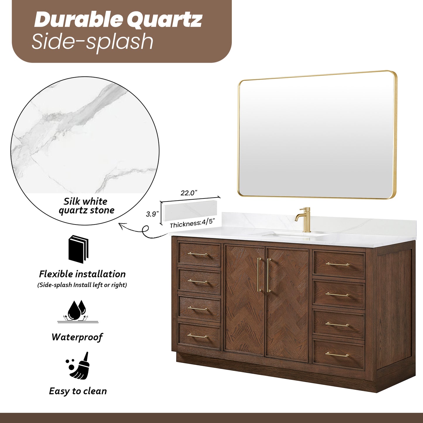 Vinnova, Jakarta 60" Freestanding Single Bath Vanity in Aged Dark Brown Oak with Silk White Quartz Stone Top