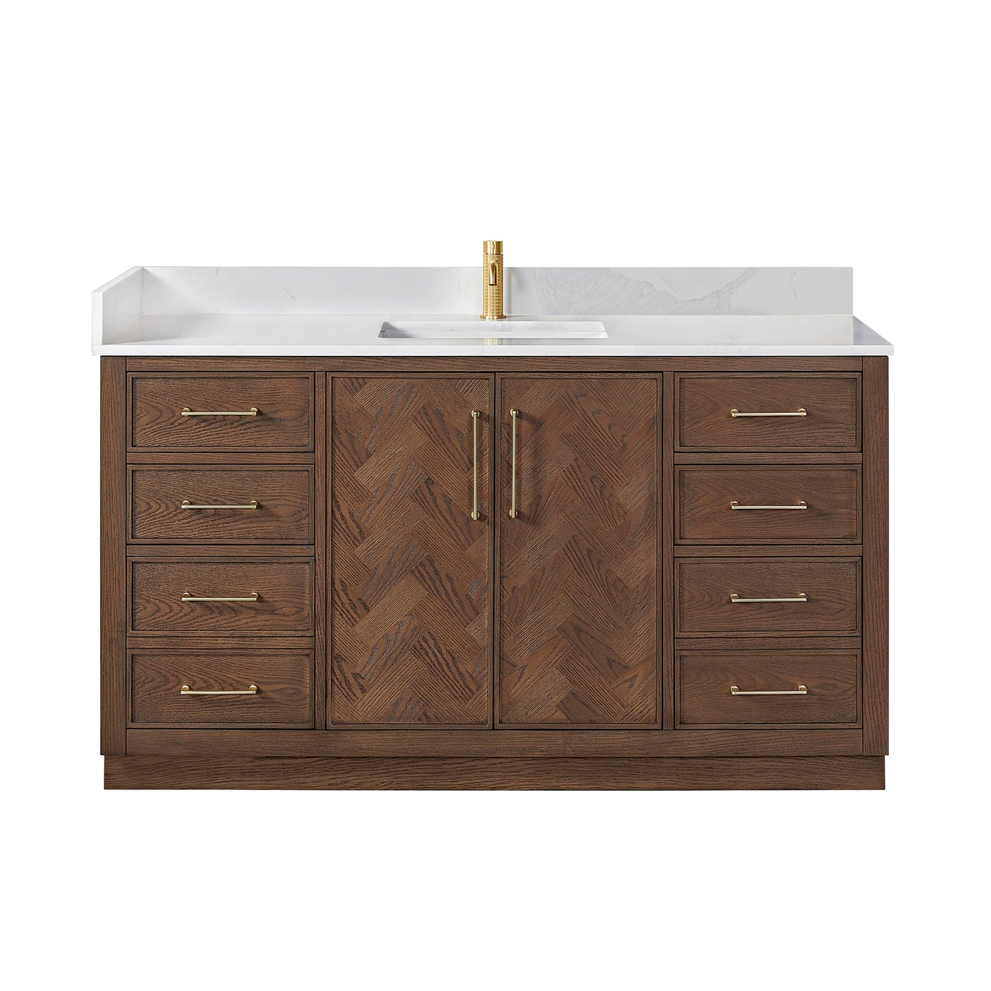 Vinnova, Jakarta 60" Freestanding Single Bath Vanity in Aged Dark Brown Oak with Silk White Quartz Stone Top