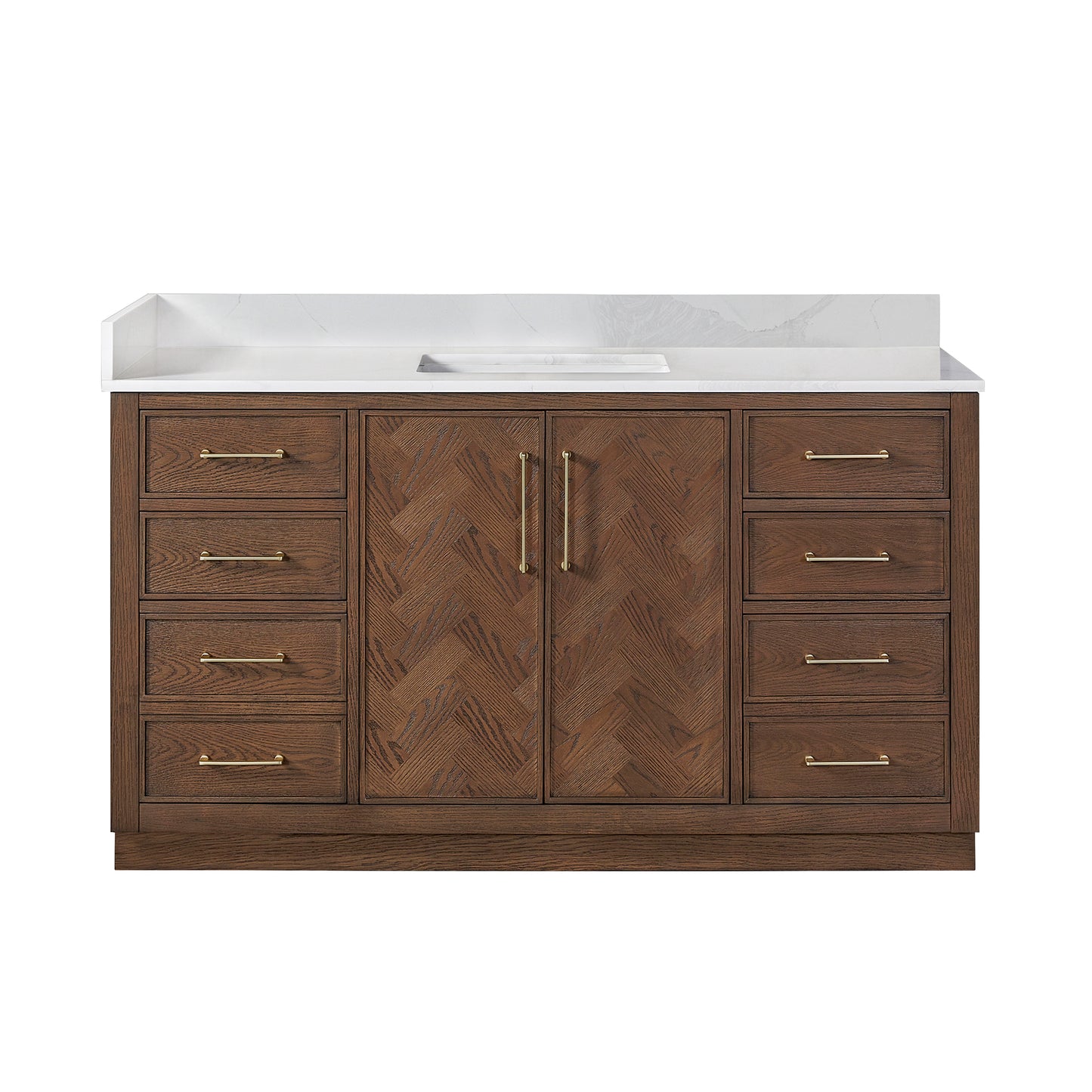 Vinnova, Jakarta 60" Freestanding Single Bath Vanity in Aged Dark Brown Oak with Silk White Quartz Stone Top
