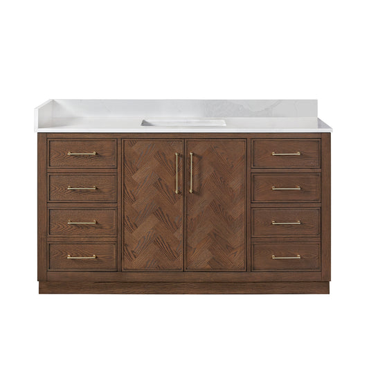 Vinnova, Jakarta 60" Freestanding Single Bath Vanity in Aged Dark Brown Oak with Silk White Quartz Stone Top